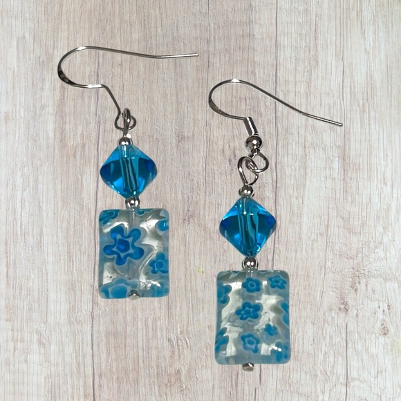 Hand Crafted Jewelry - Hand Crafted Glass Flower Earrings Aqua Blue Long Dangle 925 Silver